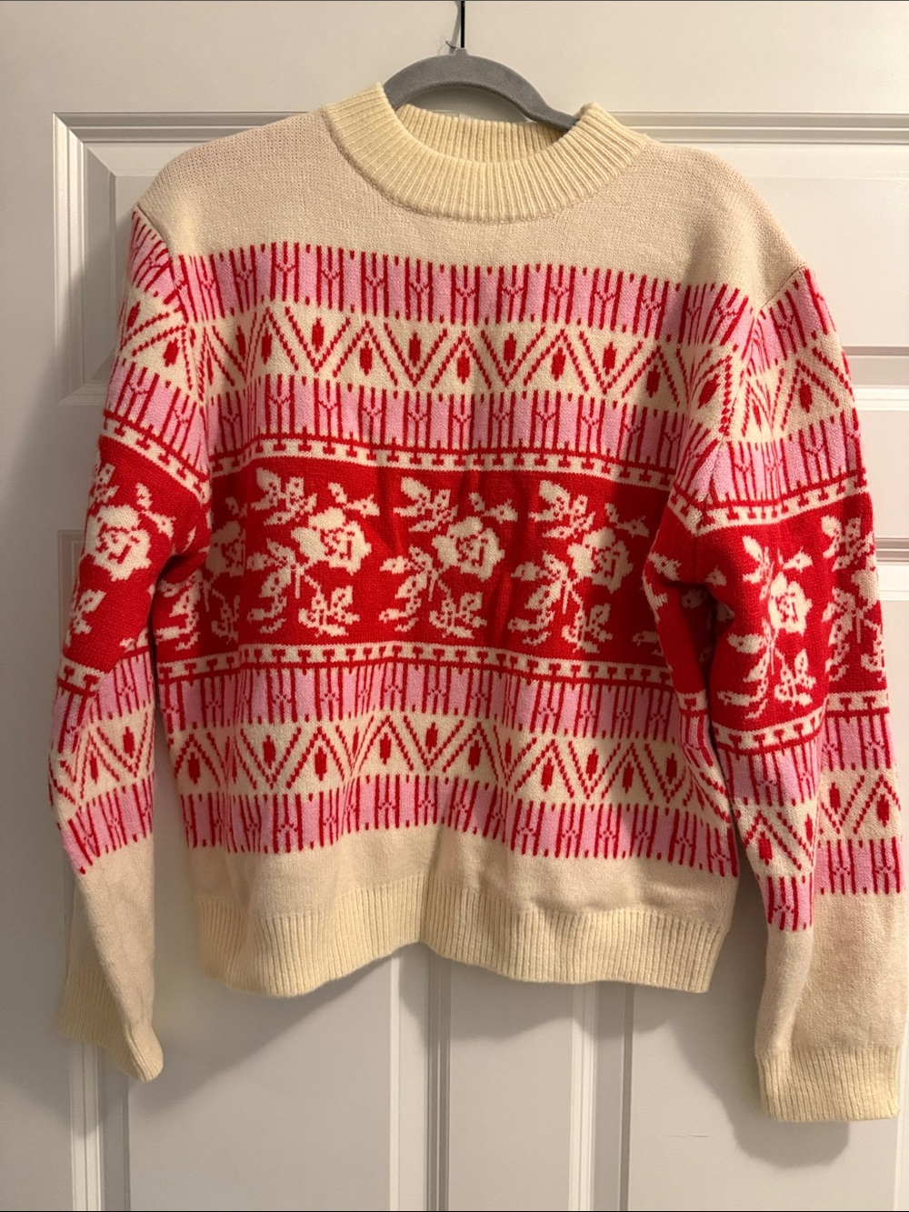 Cream Crewneck Sweater with Red & Pink Floral Fair Isle